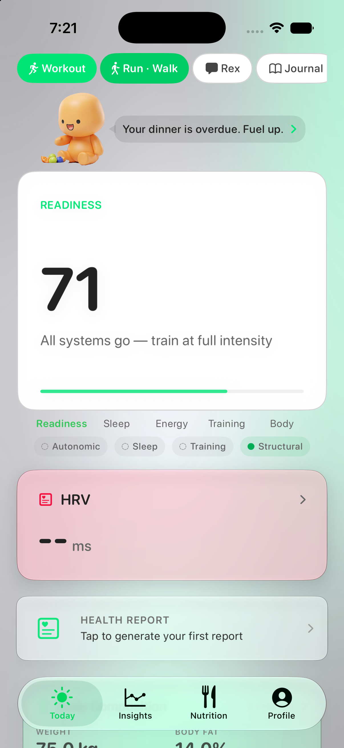 Reps readiness dashboard showing a score of 71 — all systems go, train at full intensity