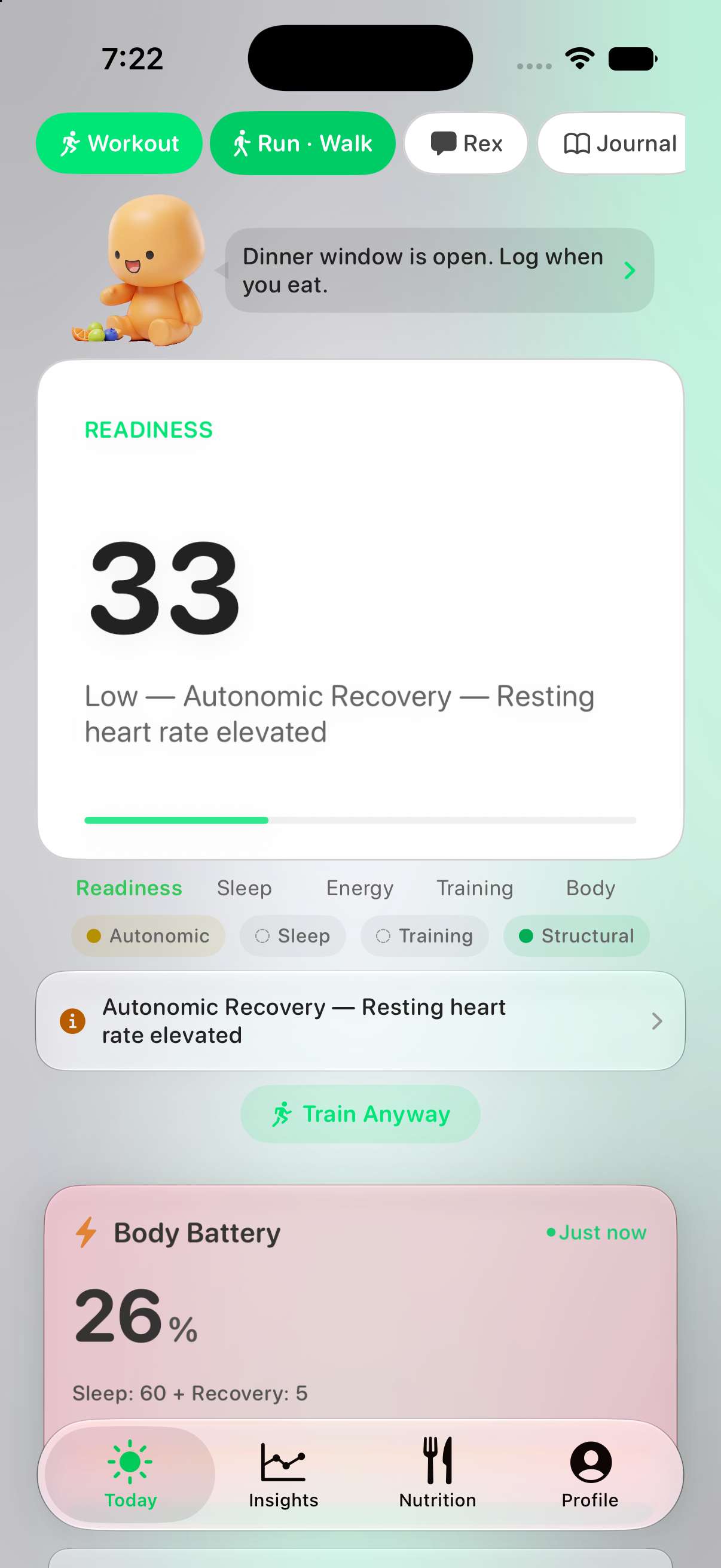 Reps dashboard — readiness 33, ease off today, with HRV and resting heart rate flagged below baseline