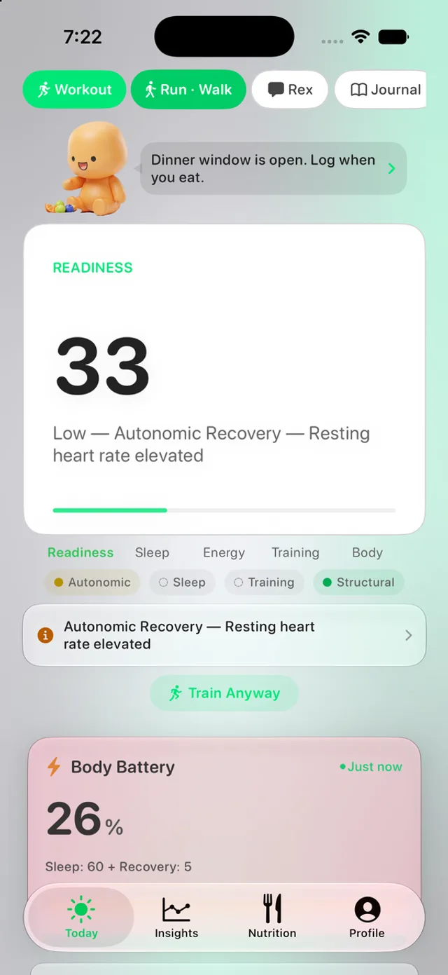 Reps dashboard — readiness 33, ease off today, with sleep and resting heart rate flagged