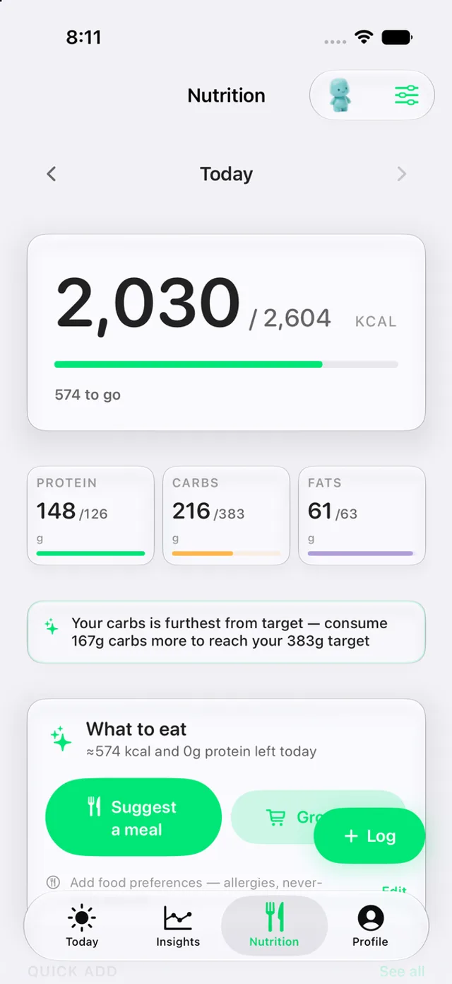 Reps nutrition screen — 2,030 of 2,604 kcal with protein, carbs, and fats tracked and a meal suggestion