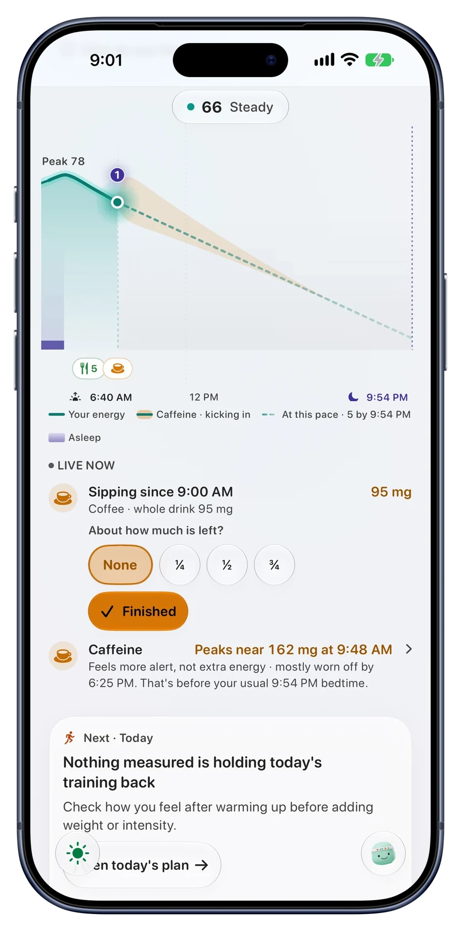 The energy curve with a caffeine band, a coffee being sipped since 9:00 AM, and a note that it feels more alert, not extra energy, and is mostly worn off by 6:25 PM