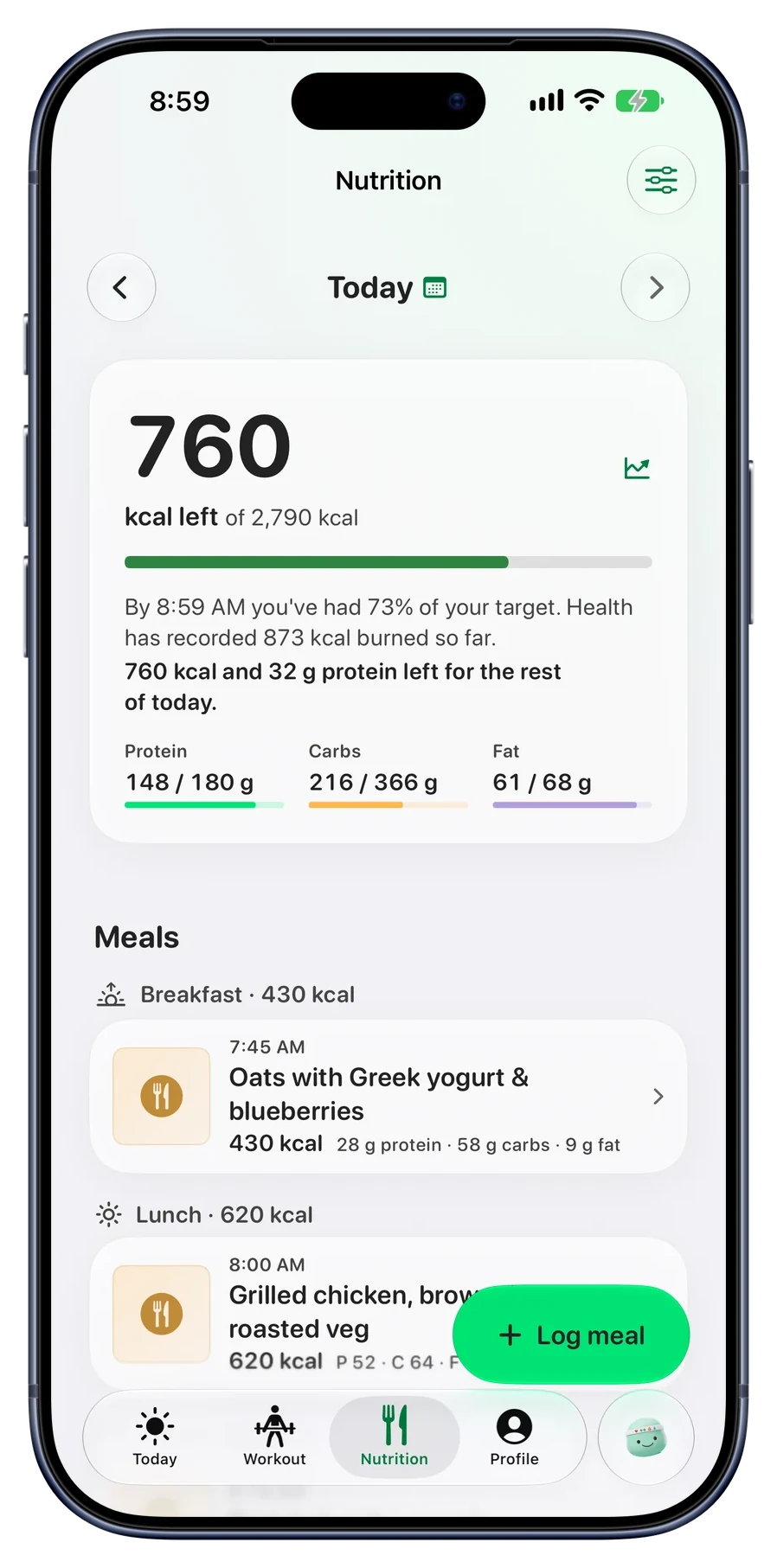 Nutrition screen: 760 kcal left of 2,790, with a sentence saying 760 kcal and 32 g protein are left for the rest of today, plus macros and today's meals