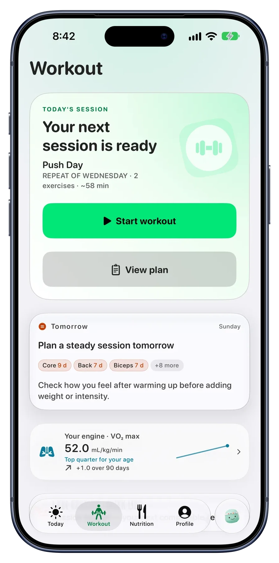 Workout screen with the next session ready and a plan for tomorrow listing days since core, back and biceps were trained