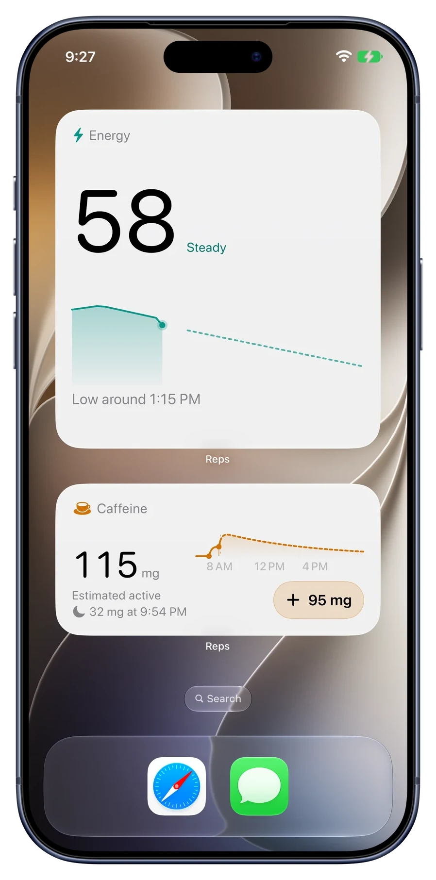 Reps widgets on the Home Screen showing energy and caffeine, with a button to log a drink