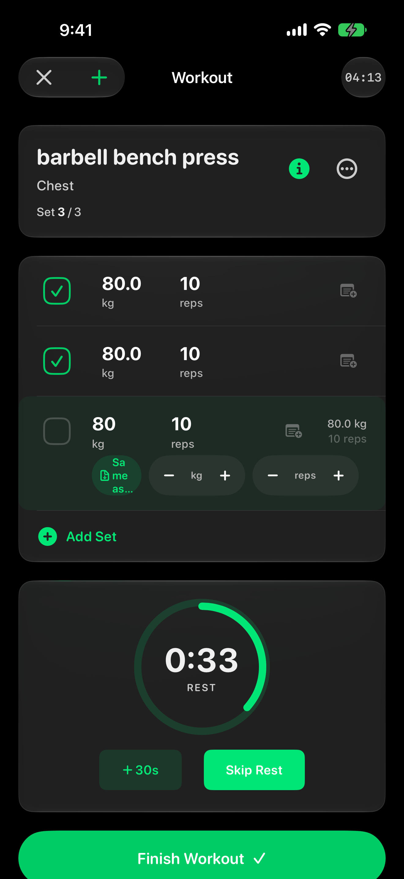 Reps workout screen showing two completed barbell bench press sets and a rest timer